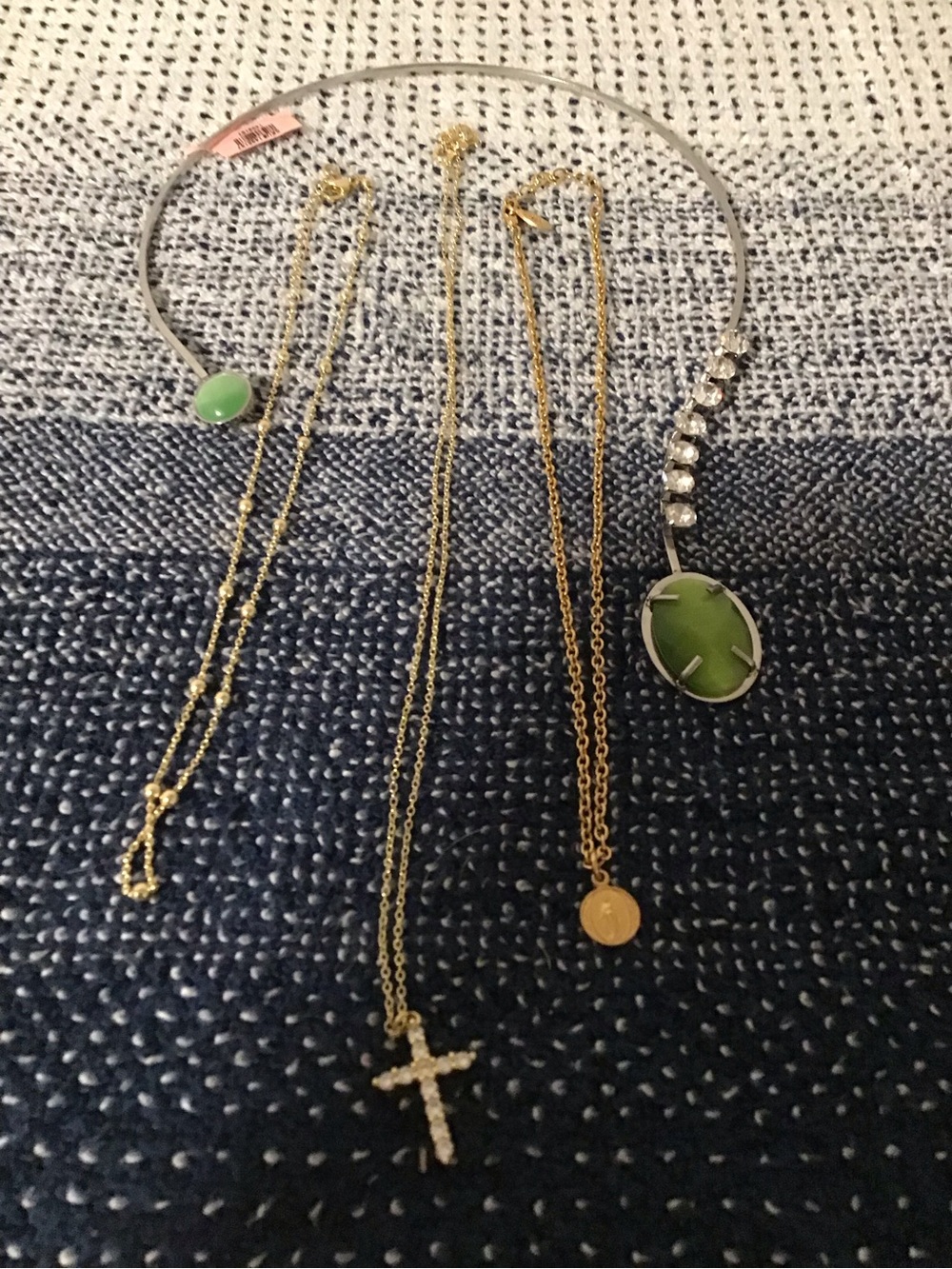 Gold Tone Cross and Green Stone Layered Necklace Set